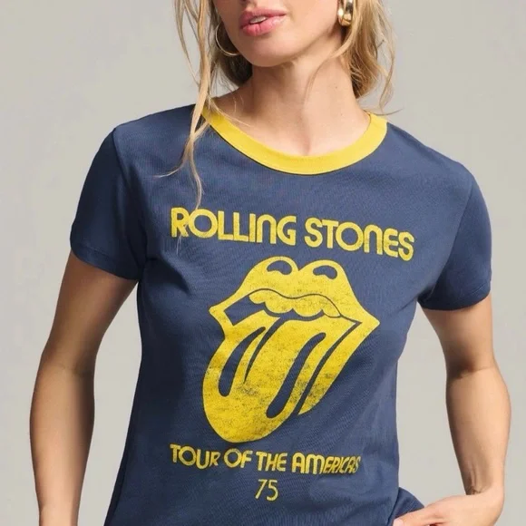 anthropologie / letluv rolling stones ringer graphic baby tee navy blue & yellow - Picture 2 of 8